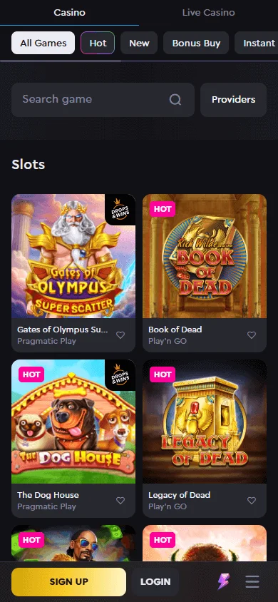 Rockwin Casino mobile games area with pokies, table games and live casino options
