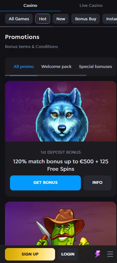 Rockwin Casino mobile promotions area with welcome offers and bonus promotions