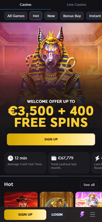 Rockwin Casino mobile homepage with browser-based casino access