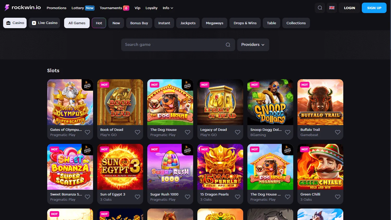 Rockwin Casino desktop games area with pokies, table games and live casino options