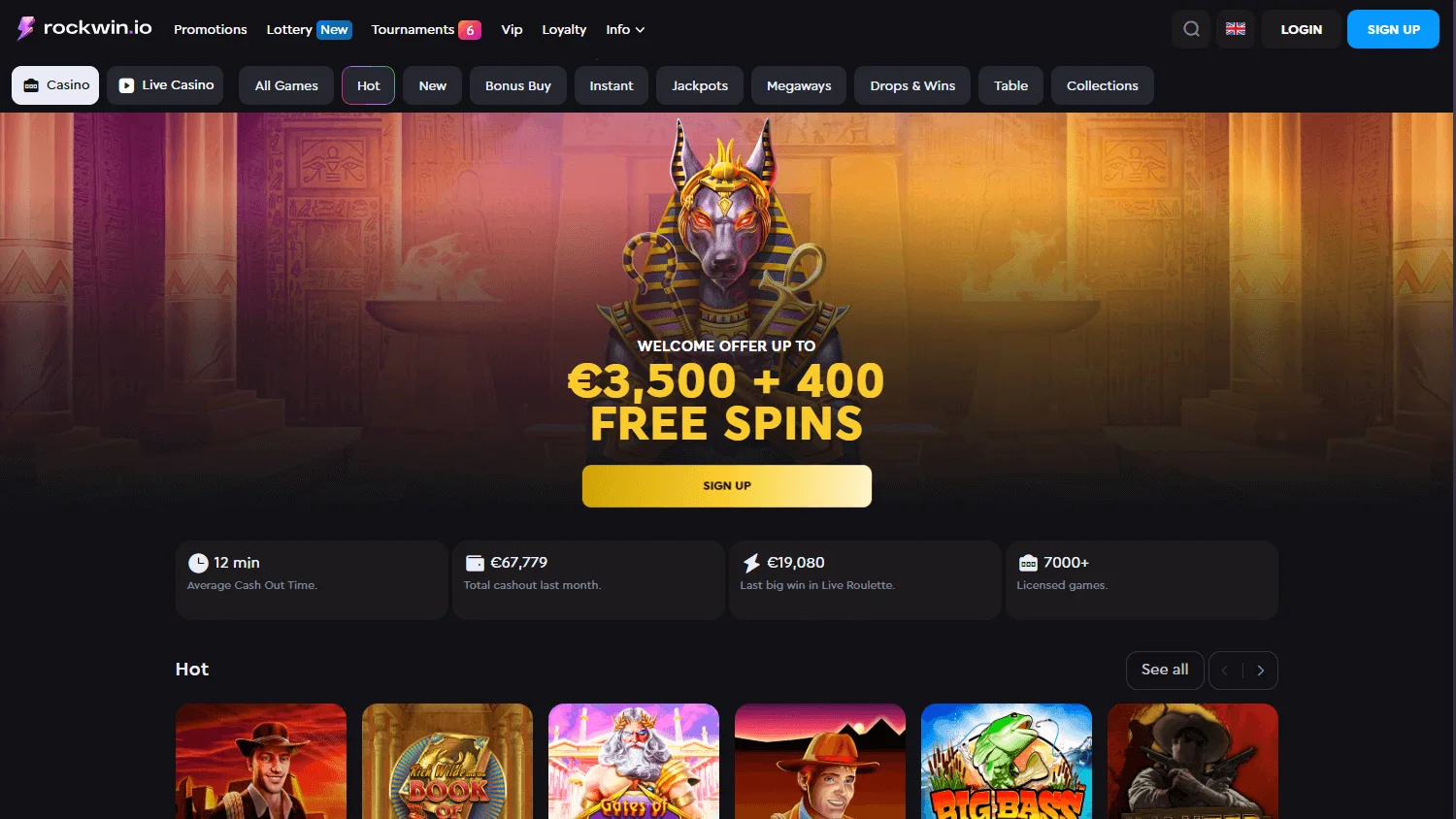 Rockwin Casino desktop homepage with the Australian welcome package