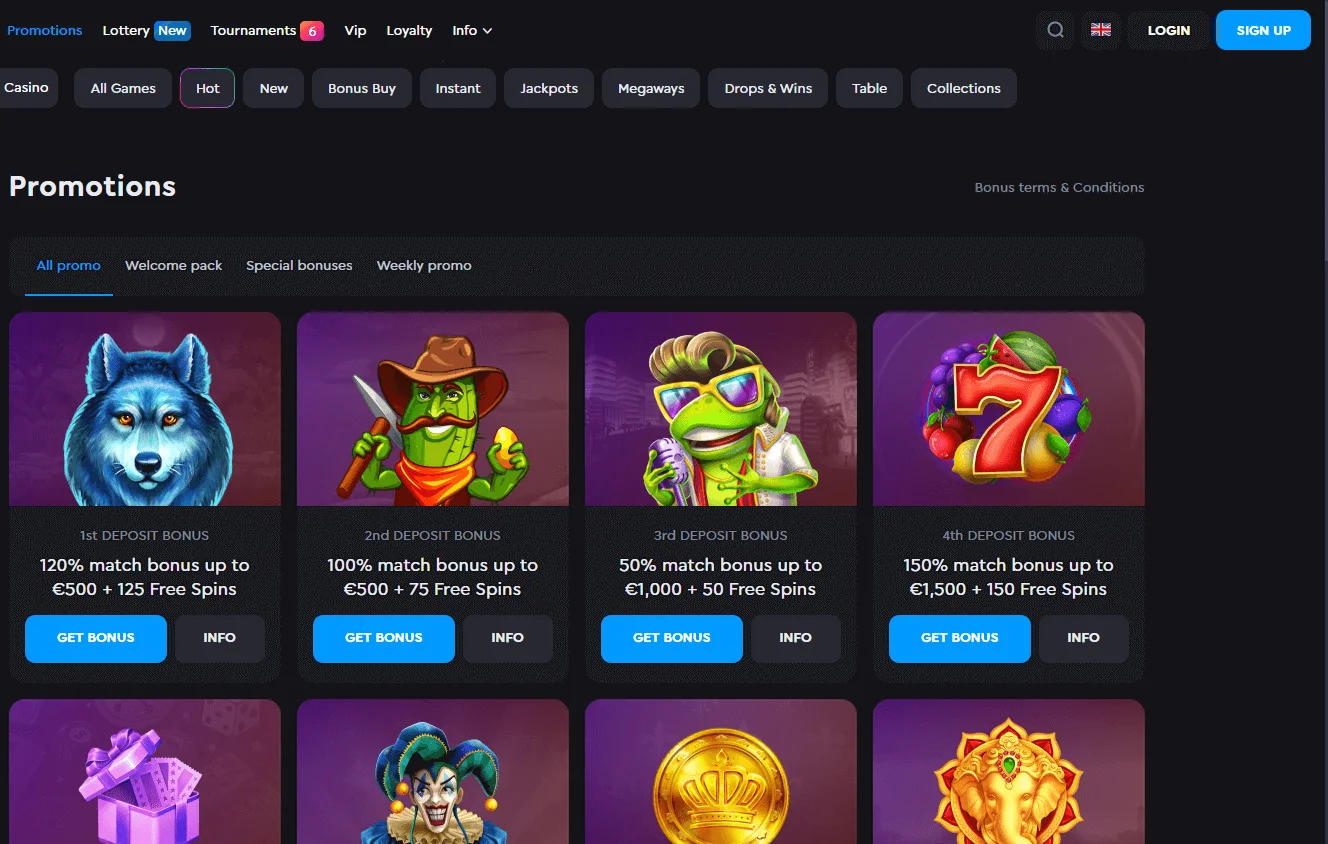 Rockwin Casino desktop promotions area with bonus packs, cashback and free spins